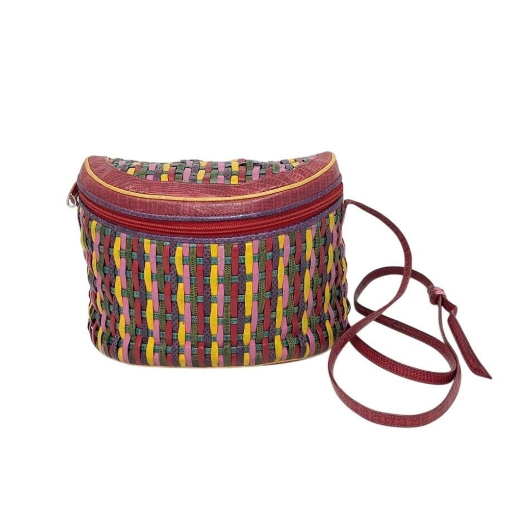 Sharif USA Vintage 80s Woven Leather Crossbody Bag Multicolor Basketweave‎ Boho